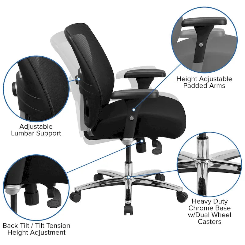 Chaise de bureau ergonomique en maille, utilisation intensive 24/7, grande taille, capacité de 500
