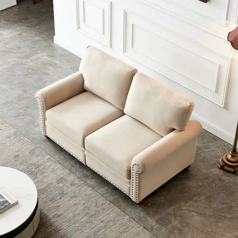 Divanetto a due posti rivestito in tessuto di lino con contenitore (beige)