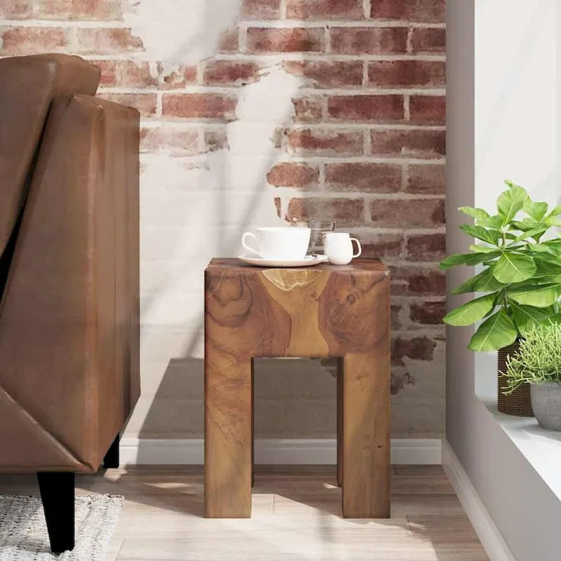 Handmade Rustic Solid Teak Wood Small Side Table, Brown, 11.8 x 11.8 x 15.7