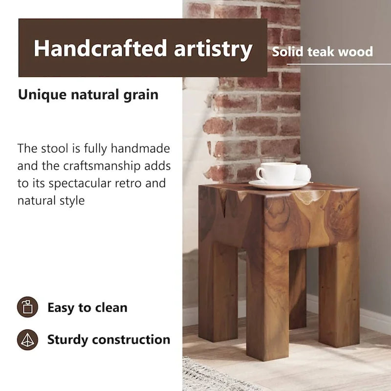 Handmade Rustic Solid Teak Wood Small Side Table, Brown, 11.8 x 11.8 x 15.7