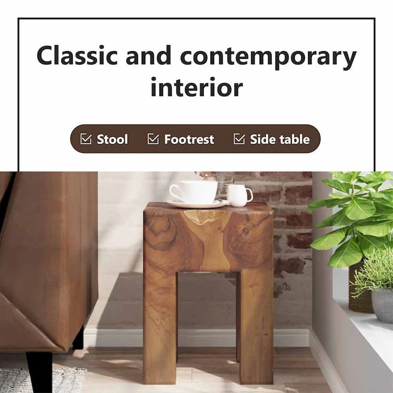Handmade Rustic Solid Teak Wood Small Side Table, Brown, 11.8 x 11.8 x 15.7