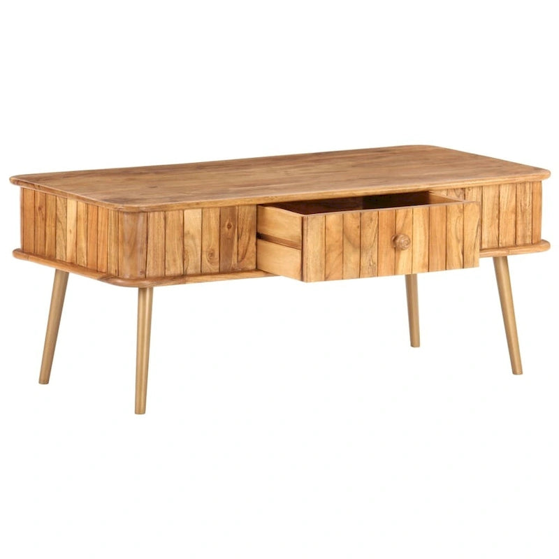 Tavolino da caffè vintage in legno massello di acacia con cassetto contenitore e gambe in ferro con finitura ottone, 39.4 x 19.7 x 15.7
