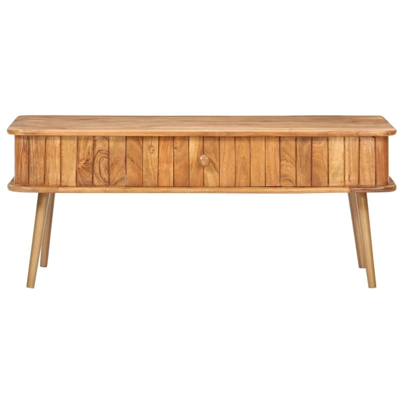 Vintage-Couchtisch aus massivem Akazienholz mit Stauschublade und Eisenbeinen mit Messing-Finish, 39.4 x 19.7 x 15.7