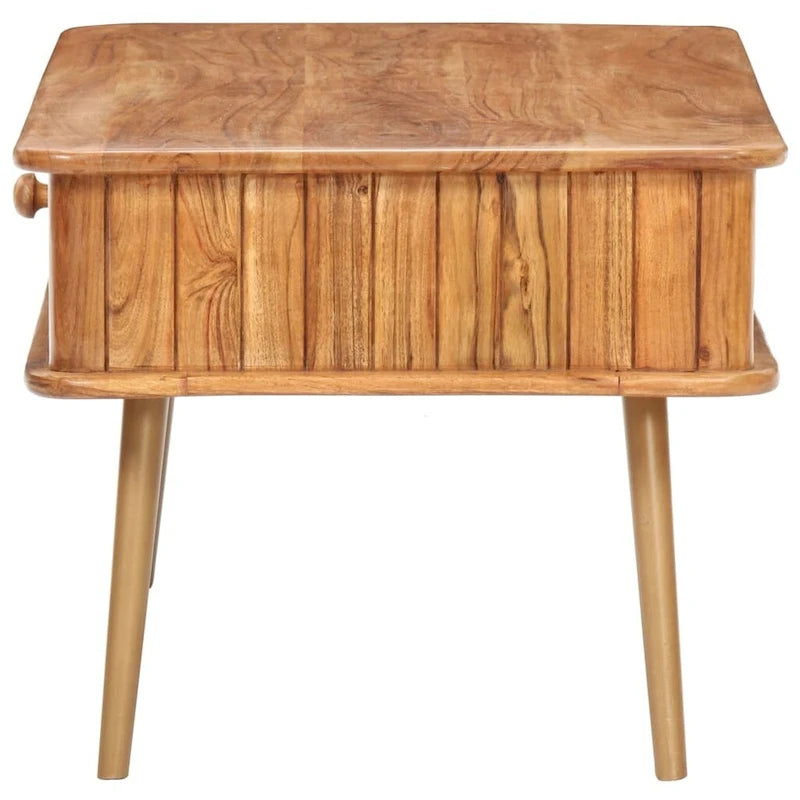 Tavolino da caffè vintage in legno massello di acacia con cassetto contenitore e gambe in ferro con finitura ottone, 39.4 x 19.7 x 15.7