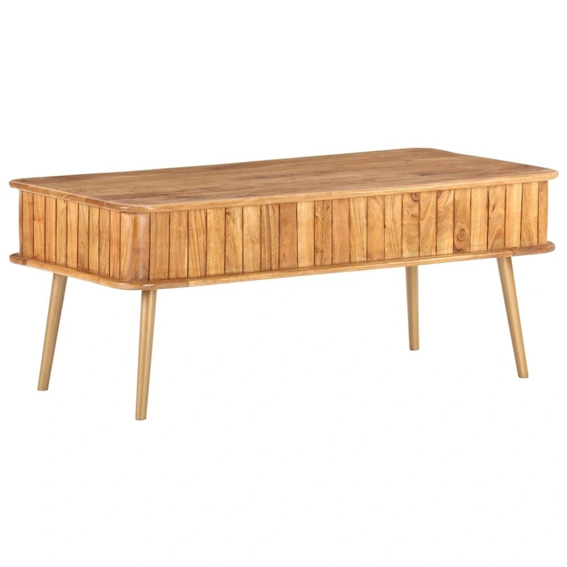 Vintage-Couchtisch aus massivem Akazienholz mit Stauschublade und Eisenbeinen mit Messing-Finish, 39.4 x 19.7 x 15.7