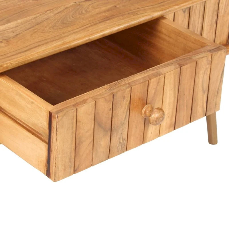 Tavolino da caffè vintage in legno massello di acacia con cassetto contenitore e gambe in ferro con finitura ottone, 39.4 x 19.7 x 15.7