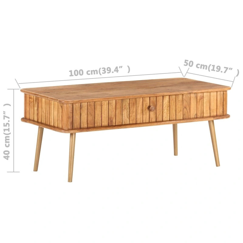Tavolino da caffè vintage in legno massello di acacia con cassetto contenitore e gambe in ferro con finitura ottone, 39.4 x 19.7 x 15.7