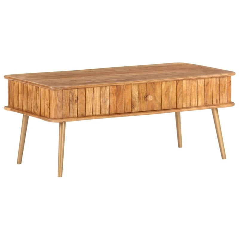 Tavolino da caffè vintage in legno massello di acacia con cassetto contenitore e gambe in ferro con finitura ottone, 39.4 x 19.7 x 15.7