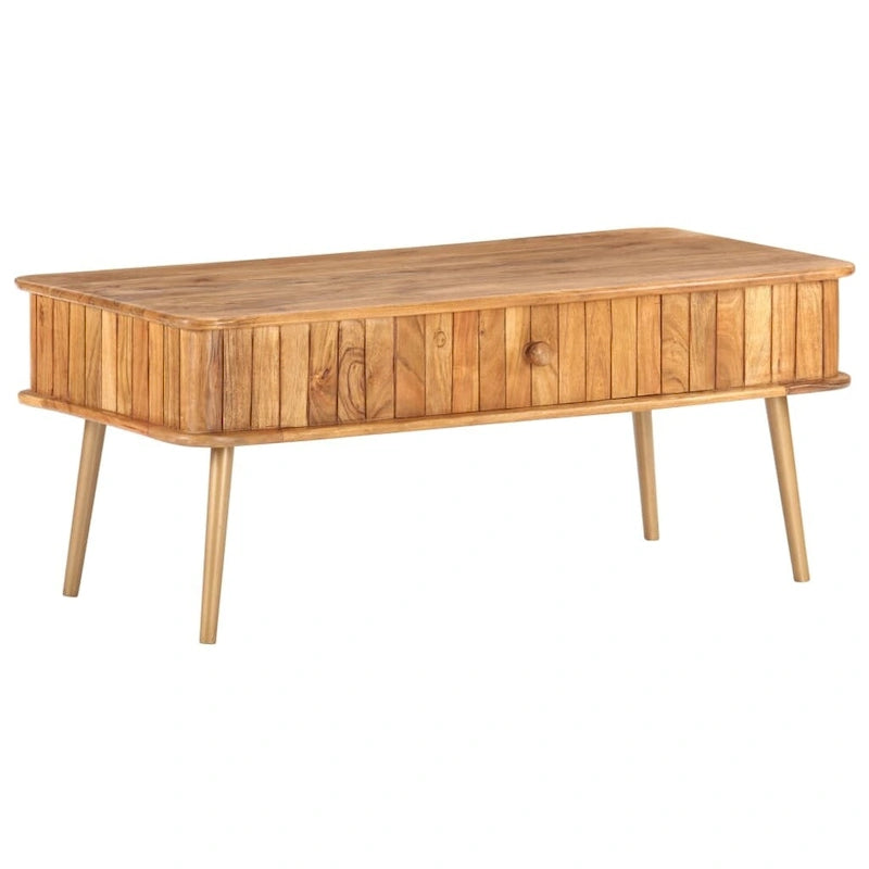 Tavolino da caffè vintage in legno massello di acacia con cassetto contenitore e gambe in ferro con finitura ottone, 39.4 x 19.7 x 15.7