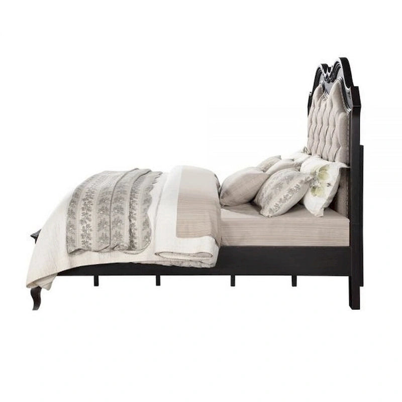 Kingsize-Bett mit Kopfteil, beige Polsterung, schwarz
