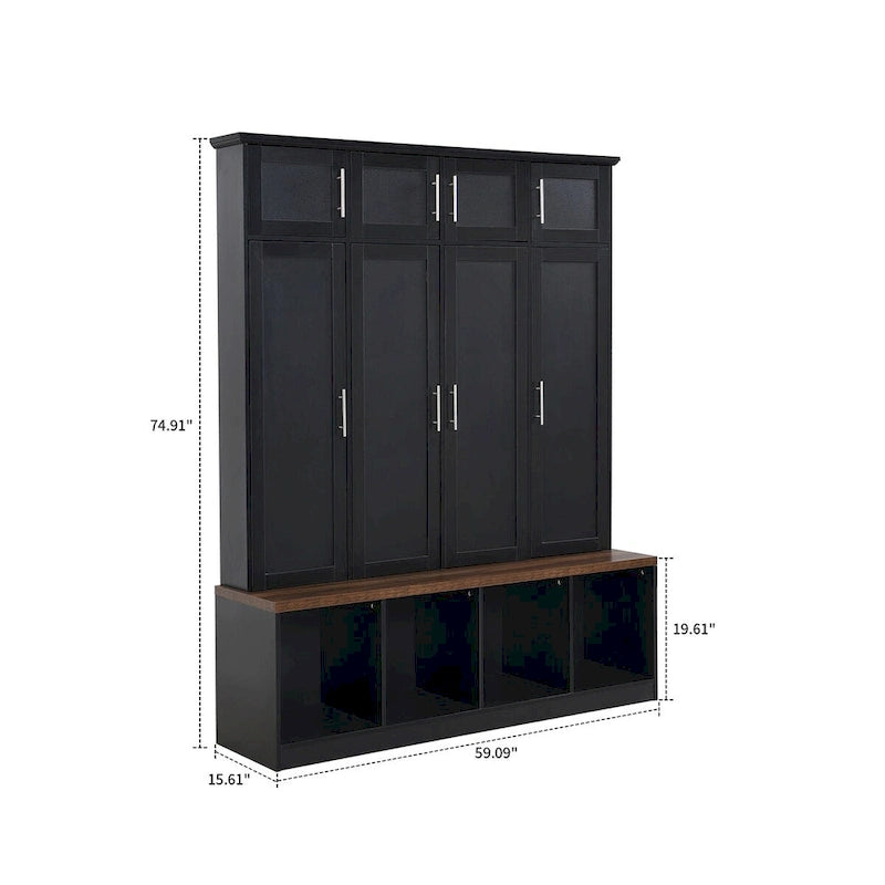 Stylish Wooden Tall Hall Tree with 8 Cabinets and 4 Open Storage Compartments
