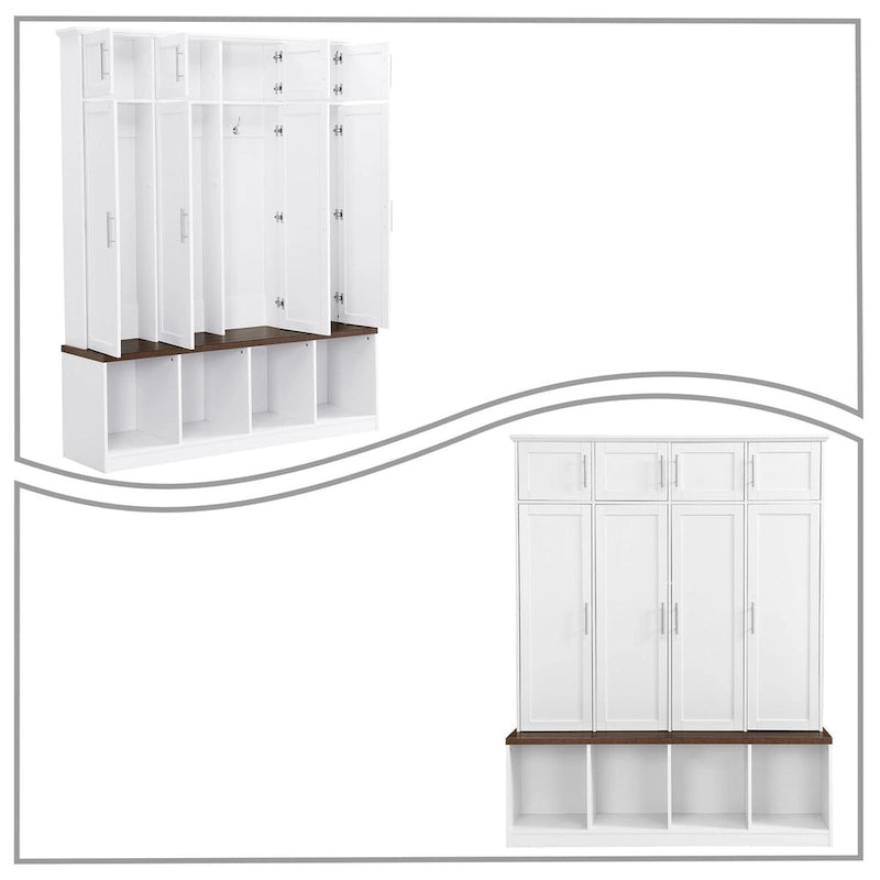 Stylish Wooden Tall Hall Tree with 8 Cabinets and 4 Open Storage Compartments