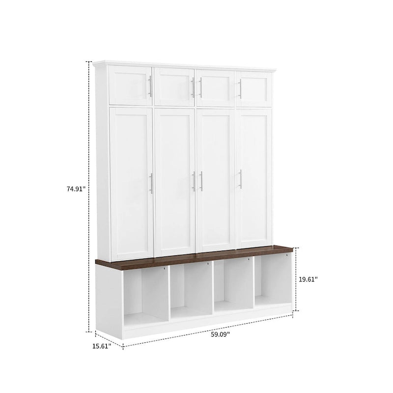 Stylish Wooden Tall Hall Tree with 8 Cabinets and 4 Open Storage Compartments