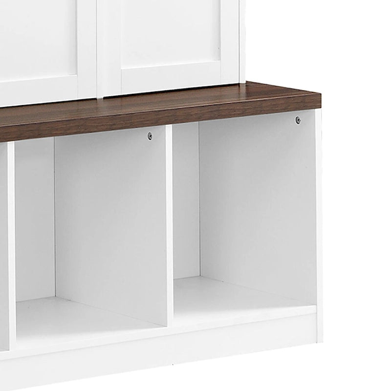 Stylish Wooden Tall Hall Tree with 8 Cabinets and 4 Open Storage Compartments