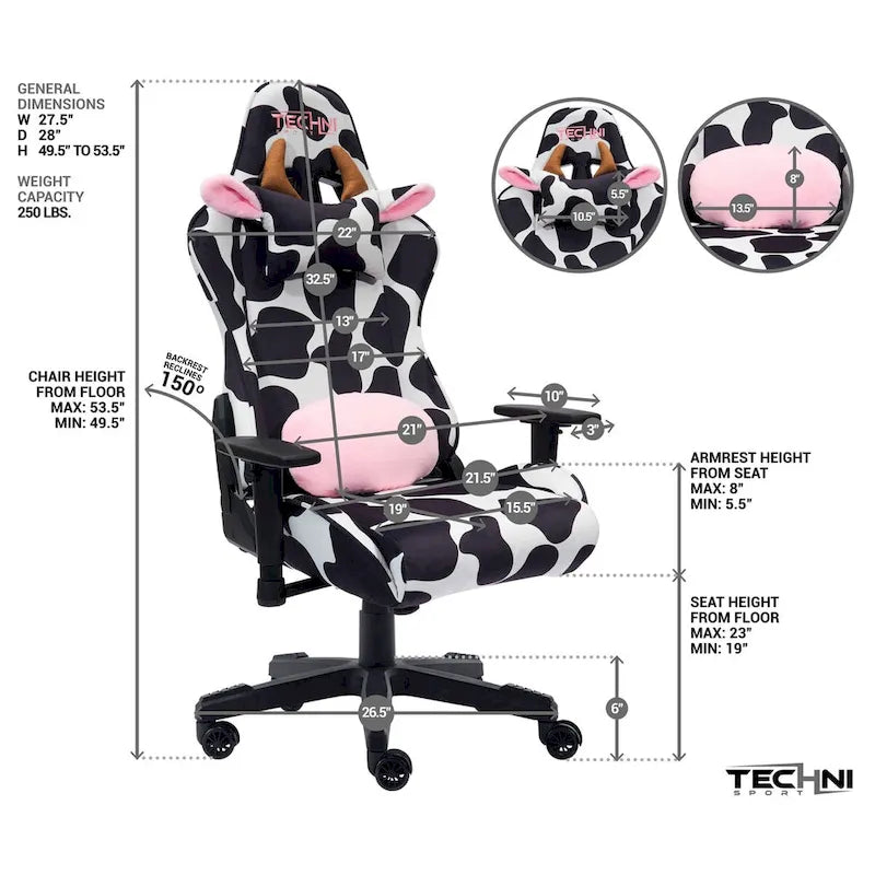Chaise de gaming réglable amusante à imprimé vache