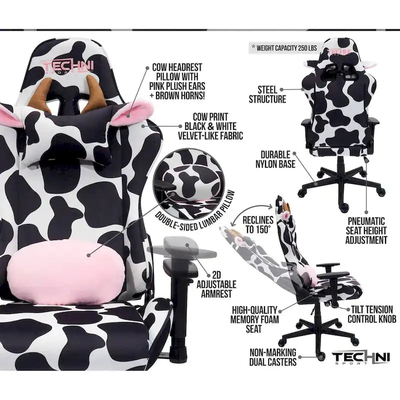 Chaise de gaming réglable amusante à imprimé vache
