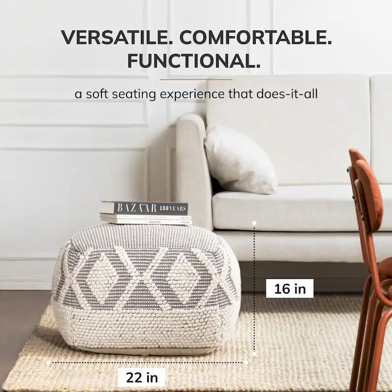 22 x 22 x 16 grauer und elfenbeinfarbener quadratischer Pouf-Hocker - Fußstütze für Wohnzimmer und Schlafzimmer