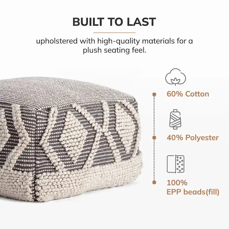 22 x 22 x 16 Gray & Ivory Square Pouf Ottoman - Footrest for Living Room, Bedroom