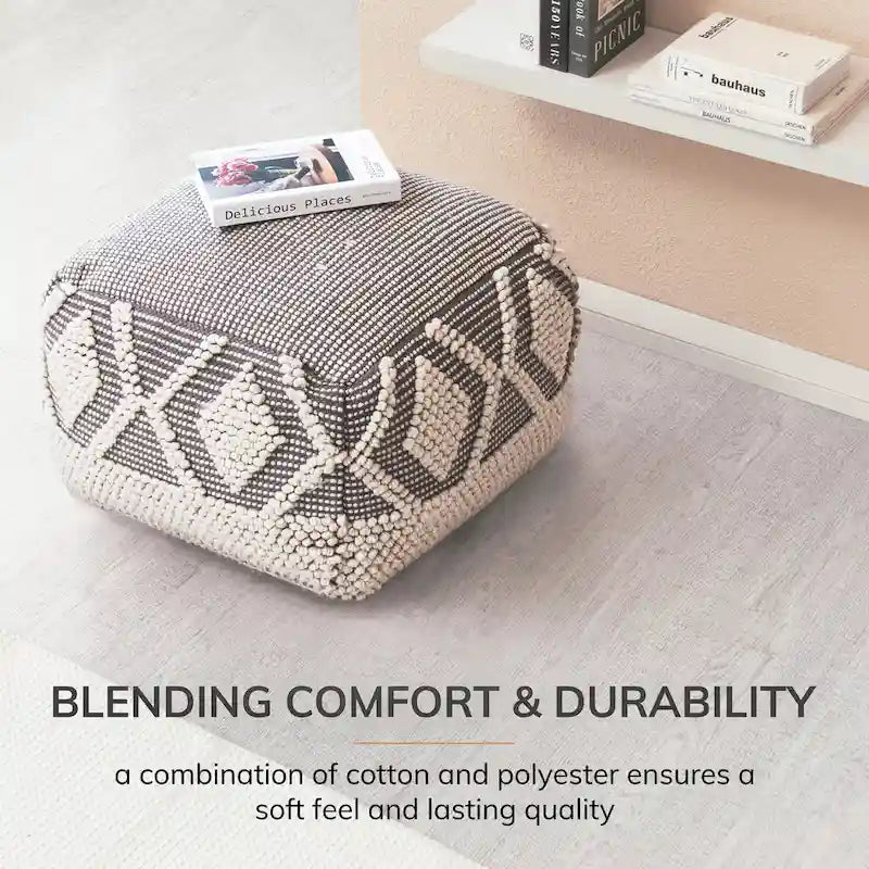 22 x 22 x 16 grauer und elfenbeinfarbener quadratischer Pouf-Hocker - Fußstütze für Wohnzimmer und Schlafzimmer