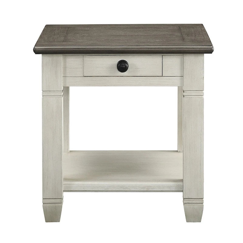 Mesa auxiliar antigua de madera de 1 pieza con cajón y estante