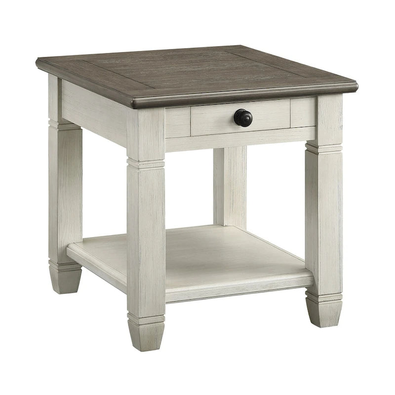 Mesa auxiliar antigua de madera de 1 pieza con cajón y estante