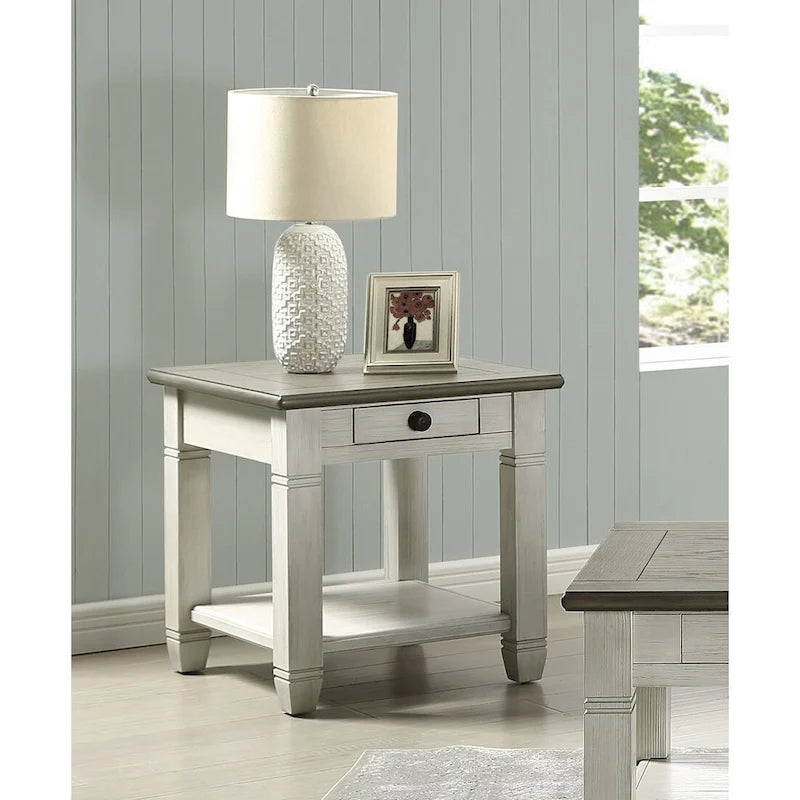 Mesa auxiliar antigua de madera de 1 pieza con cajón y estante