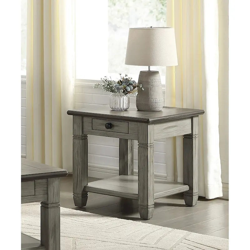 Mesa auxiliar antigua de madera de 1 pieza con cajón y estante
