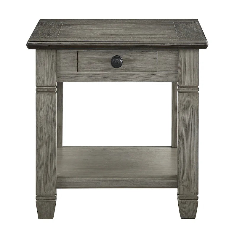 Mesa auxiliar antigua de madera de 1 pieza con cajón y estante