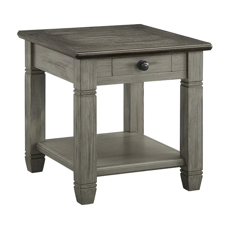 Mesa auxiliar antigua de madera de 1 pieza con cajón y estante