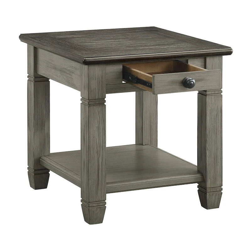 Mesa auxiliar antigua de madera de 1 pieza con cajón y estante