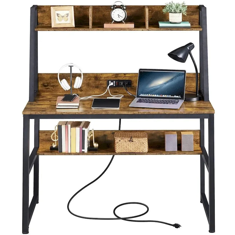 Yaheetech 47.5-inch Home Office Computer Desk with Power Outlet and Elevated Bookshelf